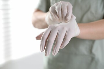 Fototapeta premium Medical worker putting on gloves in hospital, closeup
