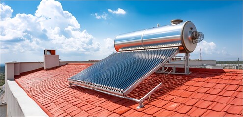 Solar Water Heater on Rooftop: A state-of-the-art solar water heater sits proudly on a rooftop, harnessing the power of the sun. Captured in crisp detail against the vibrant blue sky.