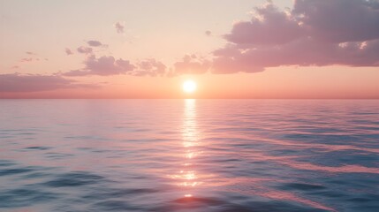 Obraz premium A cinematic medium shot of the ocean at sunset, where the sky is painted in soft pink and orange hues. The calm waves reflect the warm glow of the setting sun, stretching endlessly toward the horizon.
