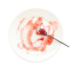 Dirty plate and fork isolated on white, top view