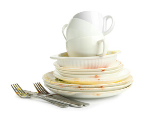 Dirty dishes, cups and cutlery isolated on white