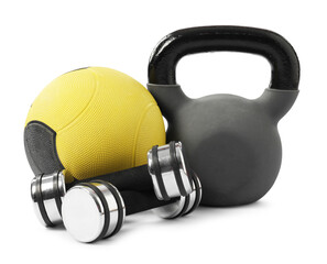 Kettlebell, exercise ball and dumbbells isolated on white
