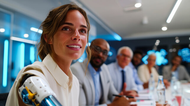 Person with a prosthetic arm giving a presentation to colleagues in a boardroom