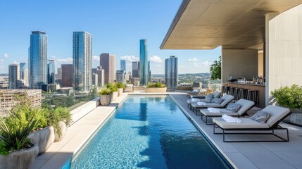 Fototapeta premium Luxurious rooftop swimming pool with city skyline view and modern architecture in urban setting on a sunny day