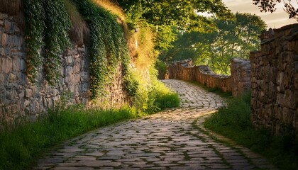Naklejka premium pathway surrounded by greenery in a stone walled area during late afternoon light