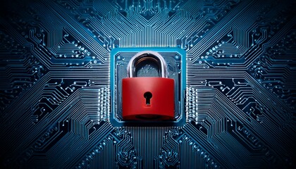 a computer chip with a red padlock symbolizing digital security surrounded by intricate electronic circuits
