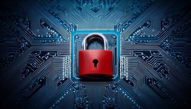 a computer chip with a red padlock symbolizing digital security surrounded by intricate electronic circuits
