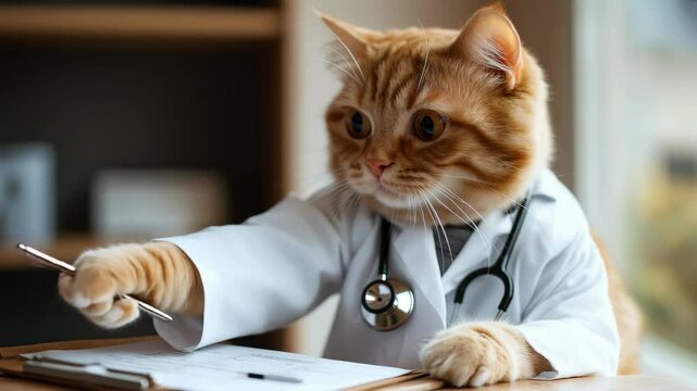Curious cat dressed as a doctor examines clipboard in a cozy clinic setting during the afternoon