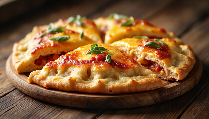 freshly baked calzone with golden brown crust, kitchen setting with wooden table, afternoon light with natural shadows, top-down view capturing rustic appeal, cheese and sauce oozing from edges