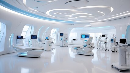 Futuristic, clean white interior with smooth