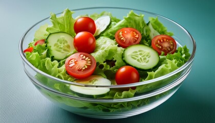 refreshing salad bowl a vibrant mix of crisp lettuce juicy cherry tomatoes and thinly sliced cucumbers in a clear glass bowl perfect for a healthy and delicious meal