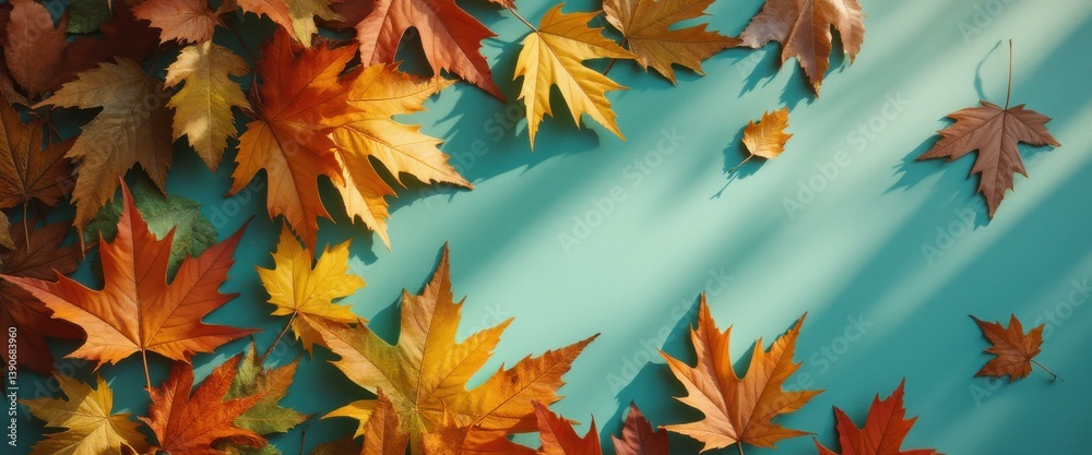 Poster autumn leaves on teal background: colorful fall foliage creating frame with copy space