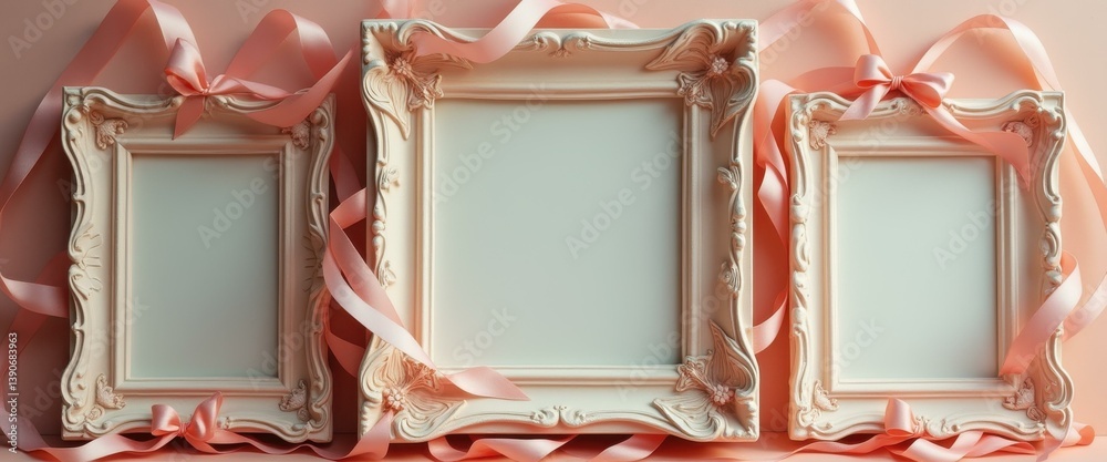 Poster elegant frames with pink ribbon bows on a soft pink background for mockup or presentation