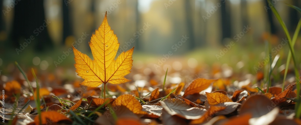 Aufkleber sunlight filters through an autumn forest illuminating a vibrant yellow maple leaf standing among fa