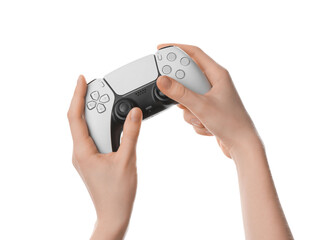 Woman with wireless game controller on white background, closeup