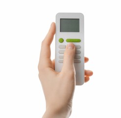 Woman with air conditioner remote control on white background, closeup