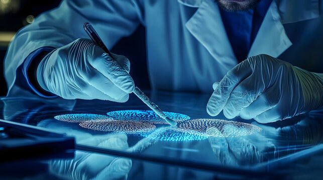 A forensic scientist analyzing fingerprints on a glass surface using forensic powder and a special brush, wearing protective gloves and a white lab coat