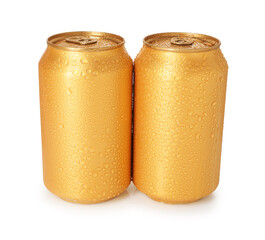 Two wet tin cans isolated on white