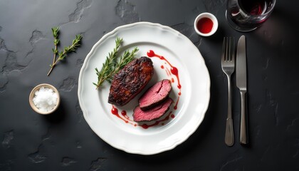 Pan seared steak filet mignon on white ceramic plate viewed from above, sliced to reveal gradient from charred exterior to pink center, red wine reduction drizzle, thyme sprigs