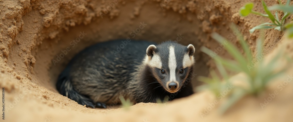Poster Alert honey badger cub peeks out from its burrow in a sandy environment, looking directly at the viewer with its distinctive black