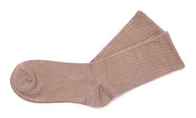 Pair of brown socks isolated on white, top view