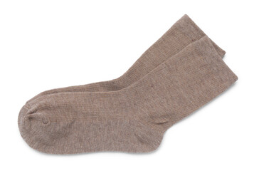 Pair of brown socks isolated on white, top view