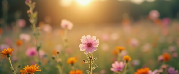 Obraz premium Serene Cosmos Flower Field at Sunset: A Dreamy Meadow of Pink and Orange Blossoms Glowing in Golden Hour Light