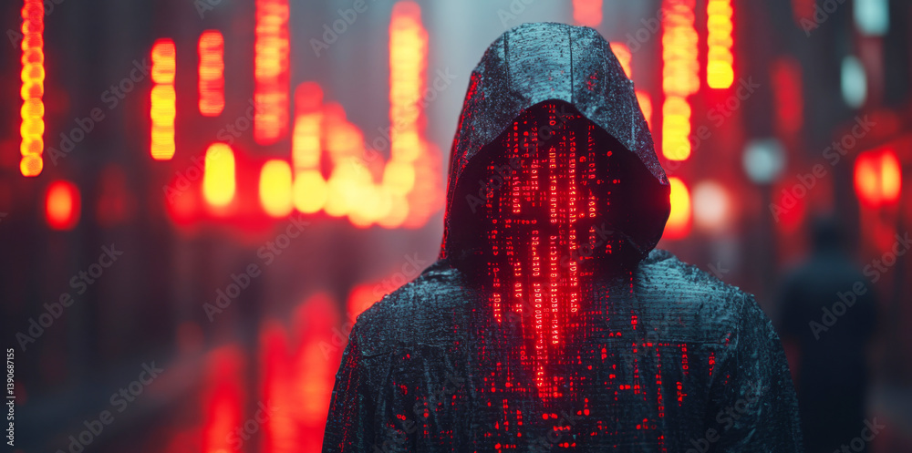 Poster a figure in a hooded cloak stands in a neon-lit urban environment, emphasizing the threat of data br