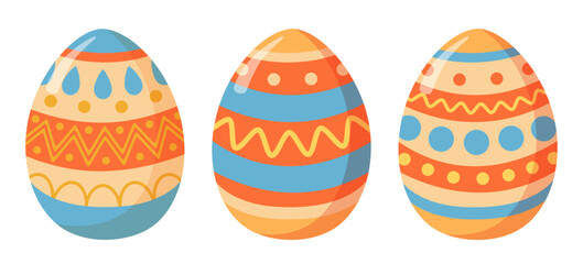 Vector illustration of three brightly colored Easter eggs with geometric patterns isolated on white background. Perfect for spring, holiday, and festive designs.