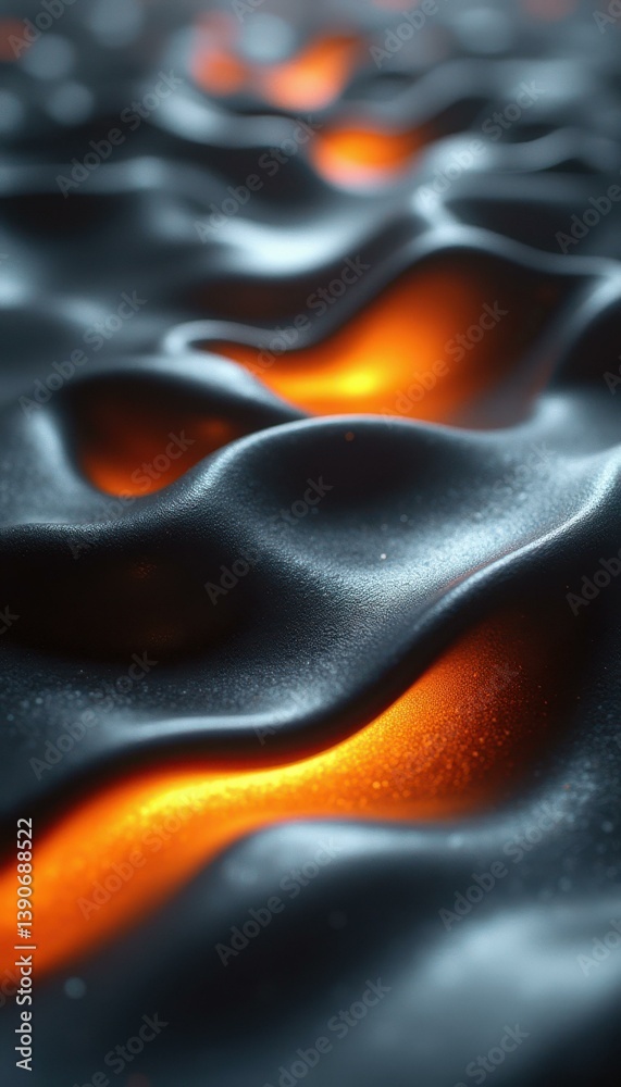 Poster wavy texture background of dark gray material with orange glowing light flowing underneath