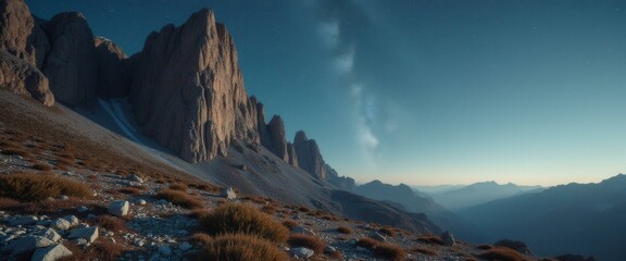 Majestic Mountain Range Under a Starry Sky at Twilight