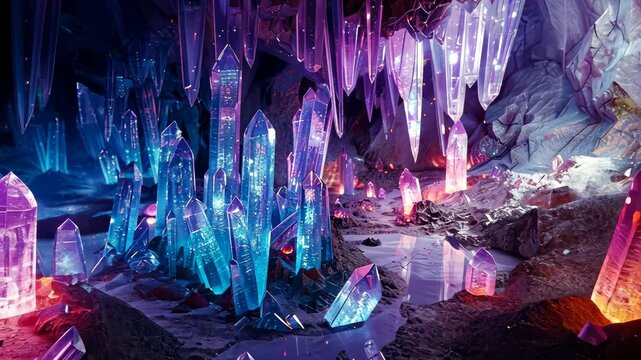 Cave with many crystals and a blue and purple light