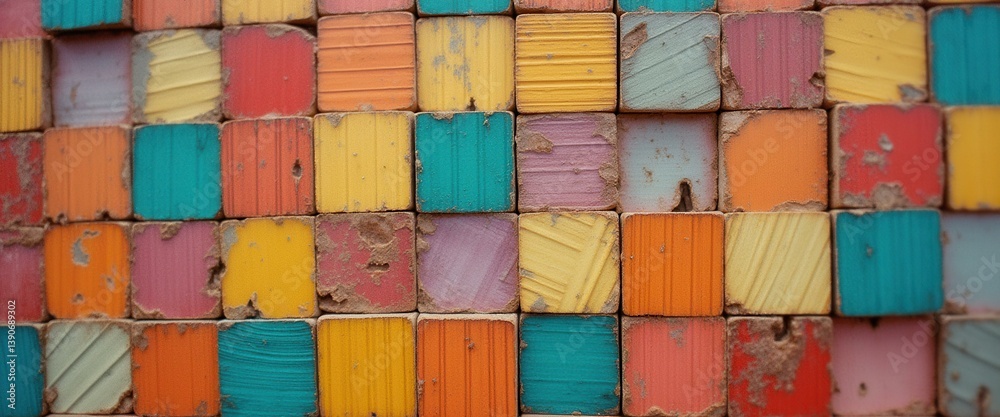 Aufkleber a vibrant mosaic of wooden blocks fills the frame, displaying a colorful and textured abstract desig
