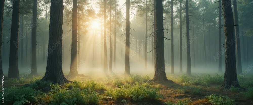 Poster Sun rays shine through misty forest with tall trees, creating a dreamy atmosphere and highlighting ferns on the ground