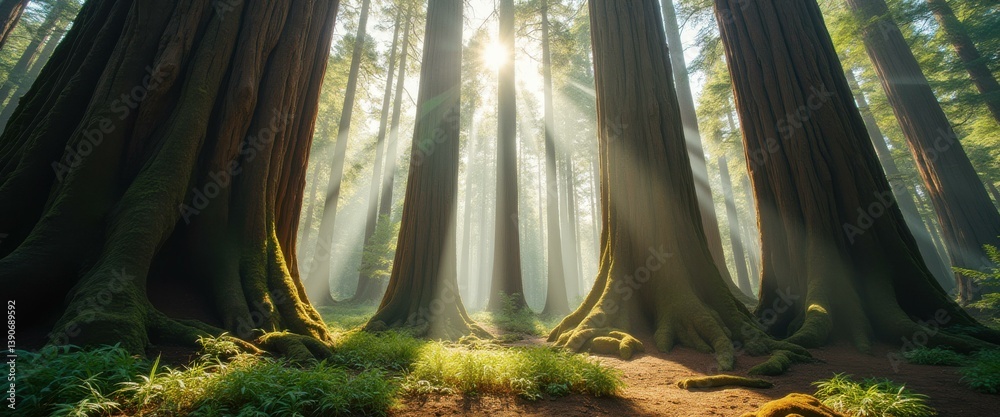 Poster Sunlit Giants: Towering Trees and Ethereal Light in an Enchanting Forest