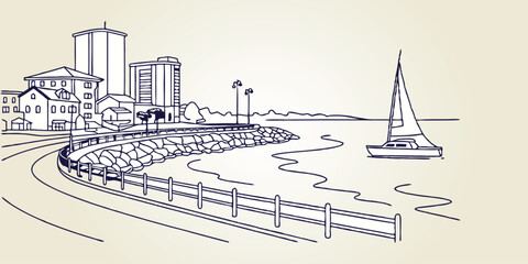 Obraz premium Chula Vista skyline, incorporating the marina and scenic bayfront in a smooth one-line drawing style.
