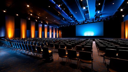 A spacious conference hall with rows of empty chairs facing a large projection screen, illuminated by ambient lighting in shades of blue and orange, ideal for events and presentati