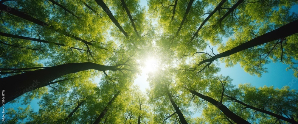 Poster tranquil canopy view of tall trees with lush green foliage and radiant sunlight shining through the 
