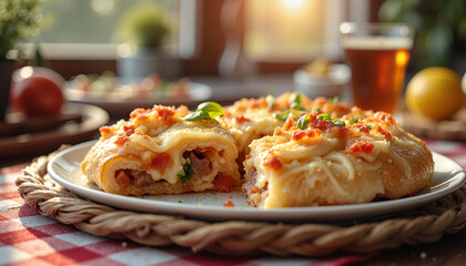 calzone with visible fillings, homey ambiance with checkered tablecloth, morning sunlight streaming through window, close-up view focusing on texture and ingredients, refreshing beverage nearby