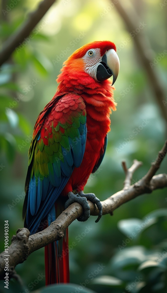 Poster vivid scarlet macaw perched on branch in lush rainforest with bright feathers and intricate details 