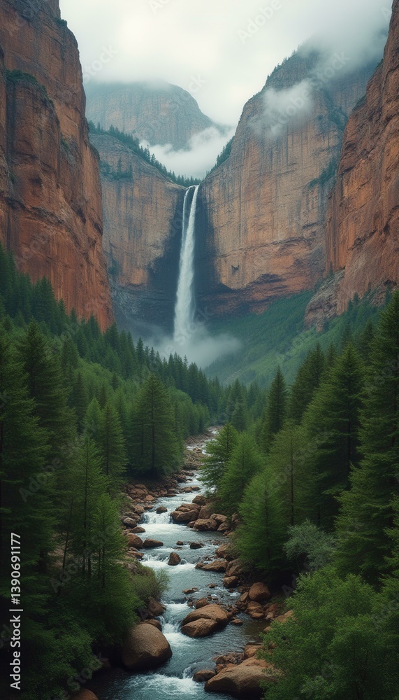 Poster Towering waterfall cascades between sheer cliffs in a forested canyon with a rushing river, creating a sense of grandeur and natural beauty
