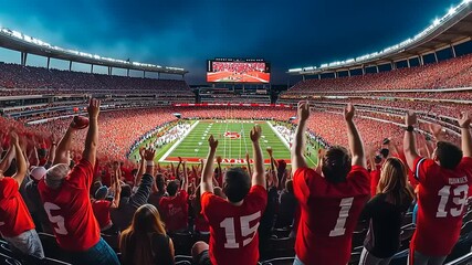 Excited crowd in red jerseys cheering in a packed stadium during a thrilling football game at dusk