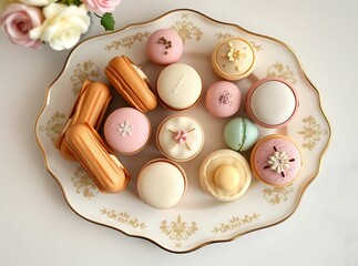 Elegant assortment of French pastries and sweets with floral plate and background for aesthetic appeal