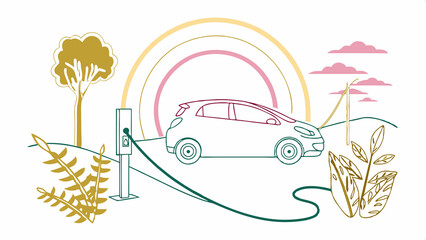 Electric car at charging station in colorful line art landscape, AI Generation