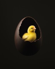 Fluffy yellow chick emerging from a levitating broken chocolate egg, set against a dark backdrop. Creative Easter celebration concept with copy space.	