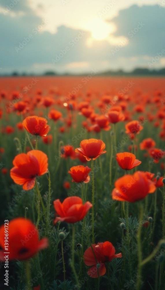 Poster vibrant red poppy field under soft sunset, a vast meadow of poppies with delicate petals, creating a