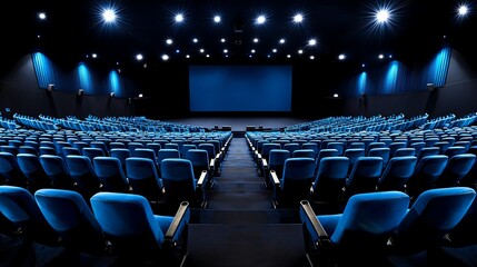 Spacious modern cinema hall with rows of blue chairs, ready for a movie screening. The dim lighting creates a welcoming atmosphere, ideal for film enthusiasts.