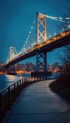 Fototapeta premium Towering Suspension Bridge Illuminated at Dusk over Tranquil Waterway