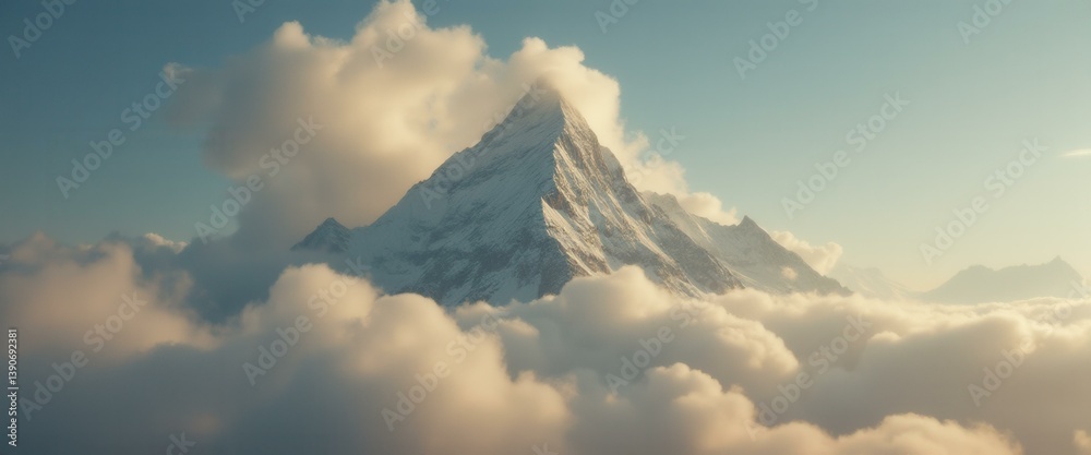 Aufkleber striking mountain peak emerges from enveloping clouds against serene sky