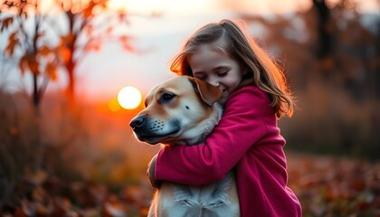Smiling Girl Hugging Labrador Dog at Sunset in Autumn Forest